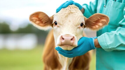 A veterinarian examines a young calf, ensuring its health and well-being with gentle care in a green, outdoor setting.