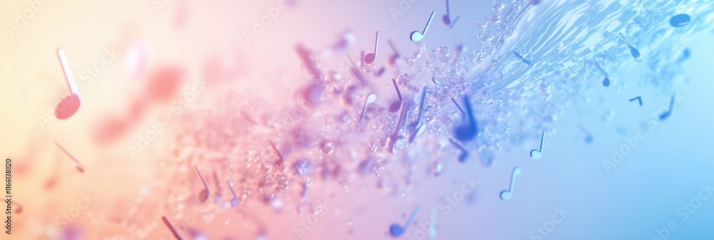 Poster colorful 3d music notes flowing through a vibrant background filled with vibrant hues and dynamic mo