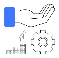 Open hand gesture, growth chart with arrows, and large gear. Ideal for teamwork, support, financial growth, innovation, strategy collaboration and improvement. Abstract line flat metaphor