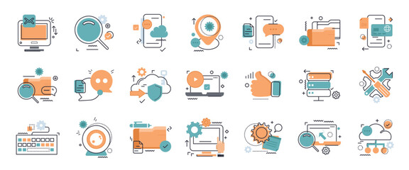 Business and marketing, programming, data management, internet connection, social network, computing, information. Thin line blue icons set. Flat vector illustration