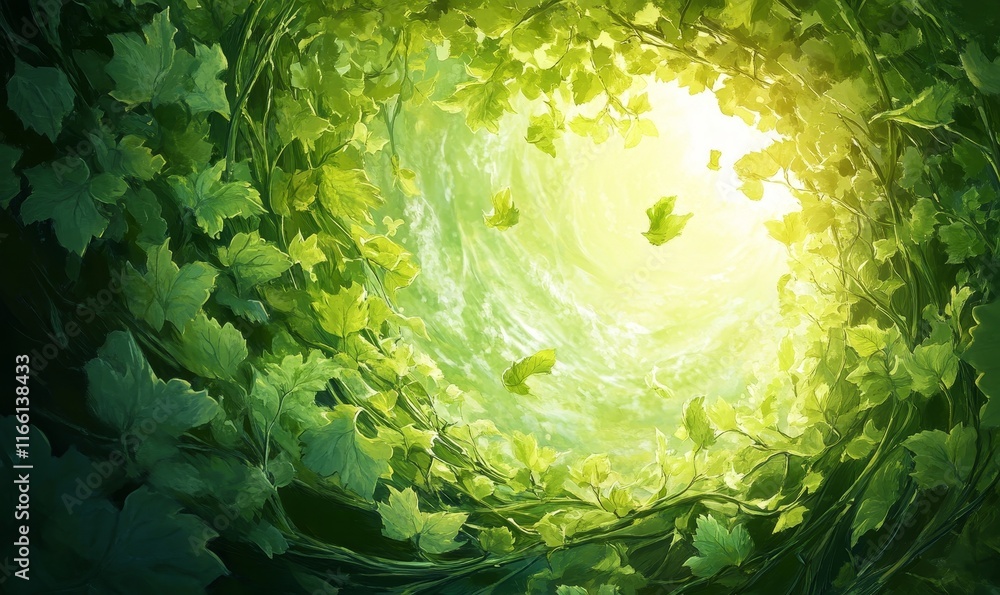 Poster lush green vines entwine to create a vibrant tunnel of light in a serene forest setting during the g
