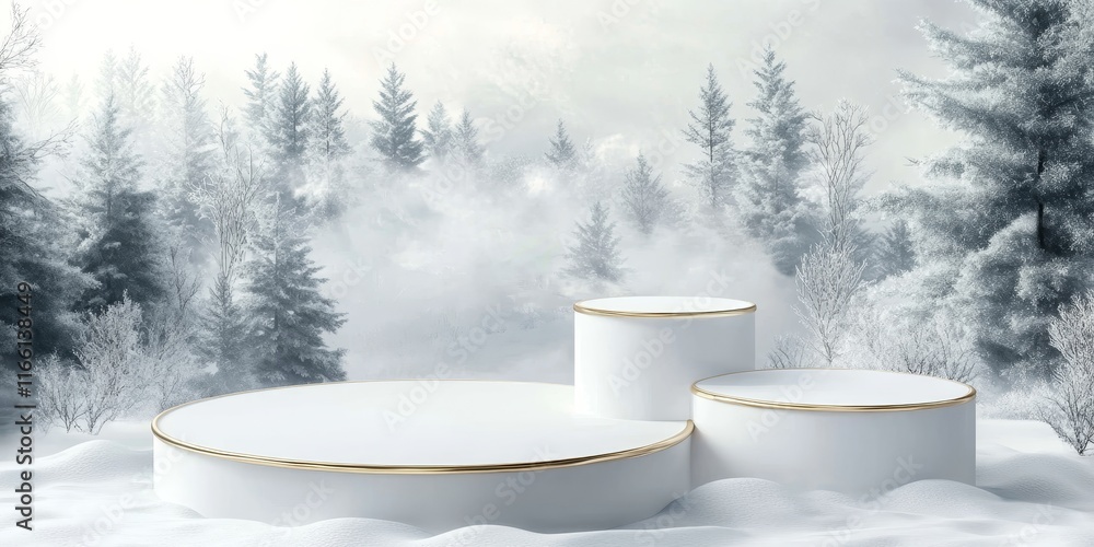 Poster winter landscape featuring circular pedestals in a snowy forest setting with trees and fog during a 