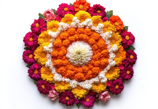 Beautifully Crafted Floral Rangoli Design with Vibrant Marigolds, Zinnias, and Roses on a White Background for Festival Celebrations and Decoration