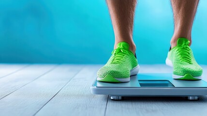A person stands on a scale while wearing bright green sneakers, set against a blue background.