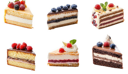 n assortment of six delicious cake slices. each showcasing different flavors and toppings. including fruits and cream the vibrant colors and textures highlight the appeal of these desserts. making the