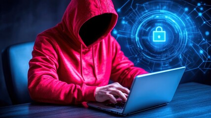 A cloaked figure in a red hoodie works on a laptop, surrounded by digital security graphics, symbolizing hacking and cybersecurity.