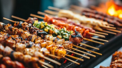 Colorful Skewers Displayed on Grill with Natural Lighting