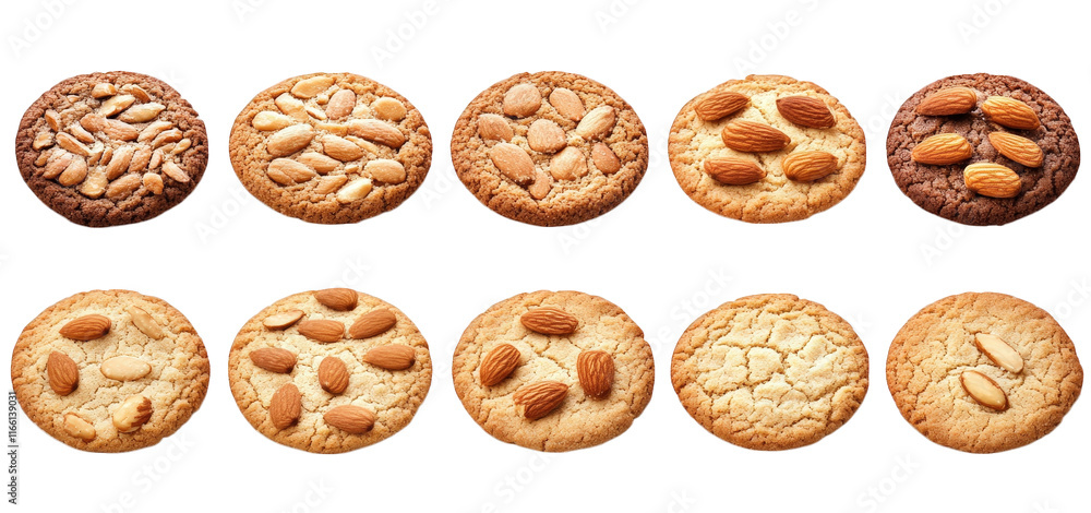 Poster a variety of cookies arranged in two rows. with some featuring whole almonds on top the cookies vary