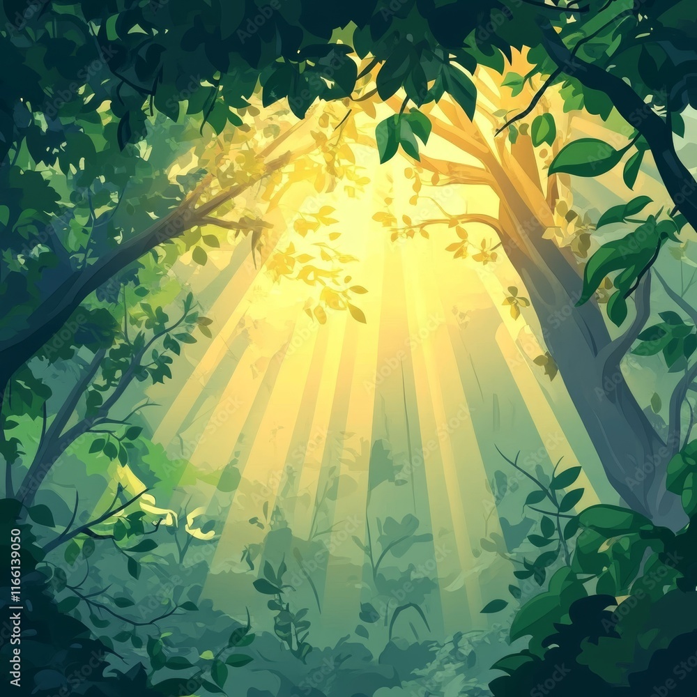 Poster sunlight filtering through trees in a vibrant forest creating a serene natural atmosphere during day