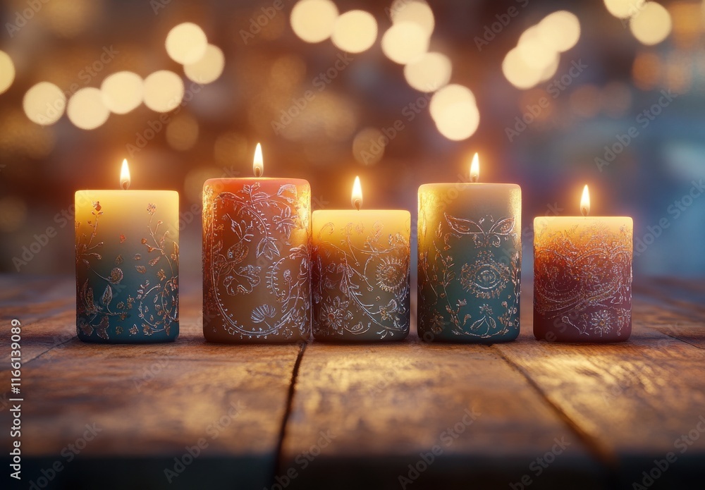Poster beautifully designed candles with intricate patterns set against a blurred background of warm bokeh 