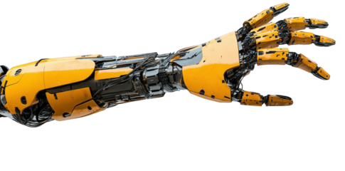 a highly detailed robotic arm with a sleek design. featuring a combination of metallic and yellow components it appears to be a futuristic piece of technology. possibly representing advancements in ro
