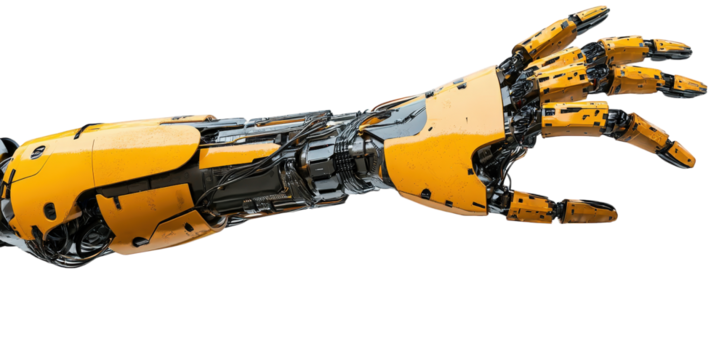 a highly detailed robotic arm with a sleek design. featuring a combination of metallic and yellow components it appears to be a futuristic piece of technology. possibly representing advancements in ro
