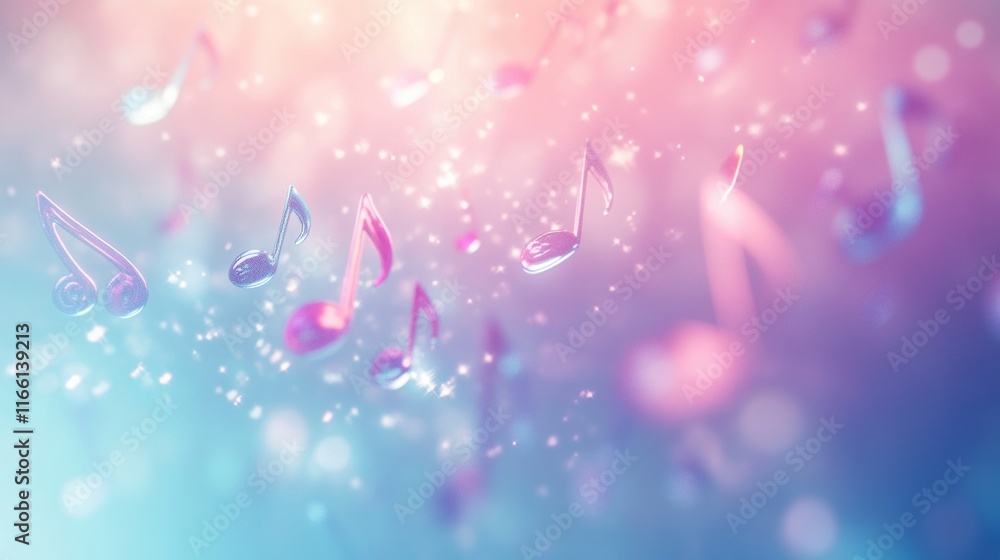 Aufkleber Colorful 3D music notes floating in a dreamy background with soft lighting and vibrant hues creating a whimsical atmosphere. Generative AI