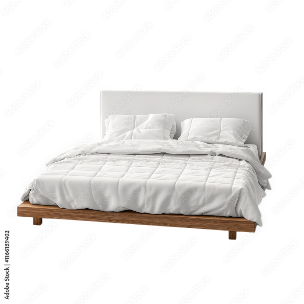 Poster a modern bed with a minimalistic design. featuring a white headboard and a neatly arranged white com
