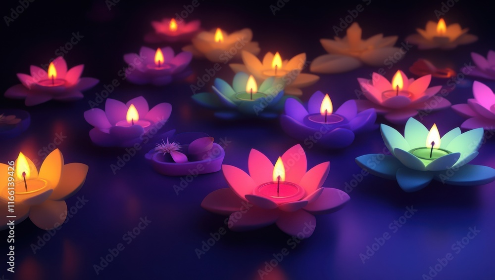 Poster beautifully illuminated floating lotus candles in a serene dark setting, creating a peaceful ambianc