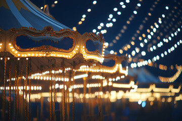 Enchanting carousel at night, illuminated with warm fairy lights, creating a magical atmosphere.  Perfect for amusement park, festival, or fair themes.