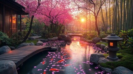 Nature Reveals a Tranquil Garden at Sunset With Pink Blossoms, Koi Fish, and a Peaceful Bridge Surrounded by Lush Greenery