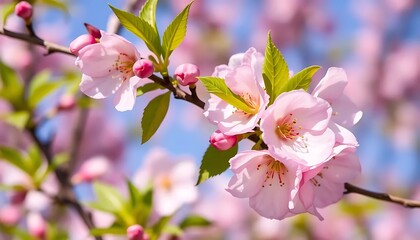 Obraz premium Beautiful sakura leaves in delicate pink and green hues, capturing the essence of cherry blossoms during springtime. This image showcases the intricate details and vibrant colors of the sakura foliage