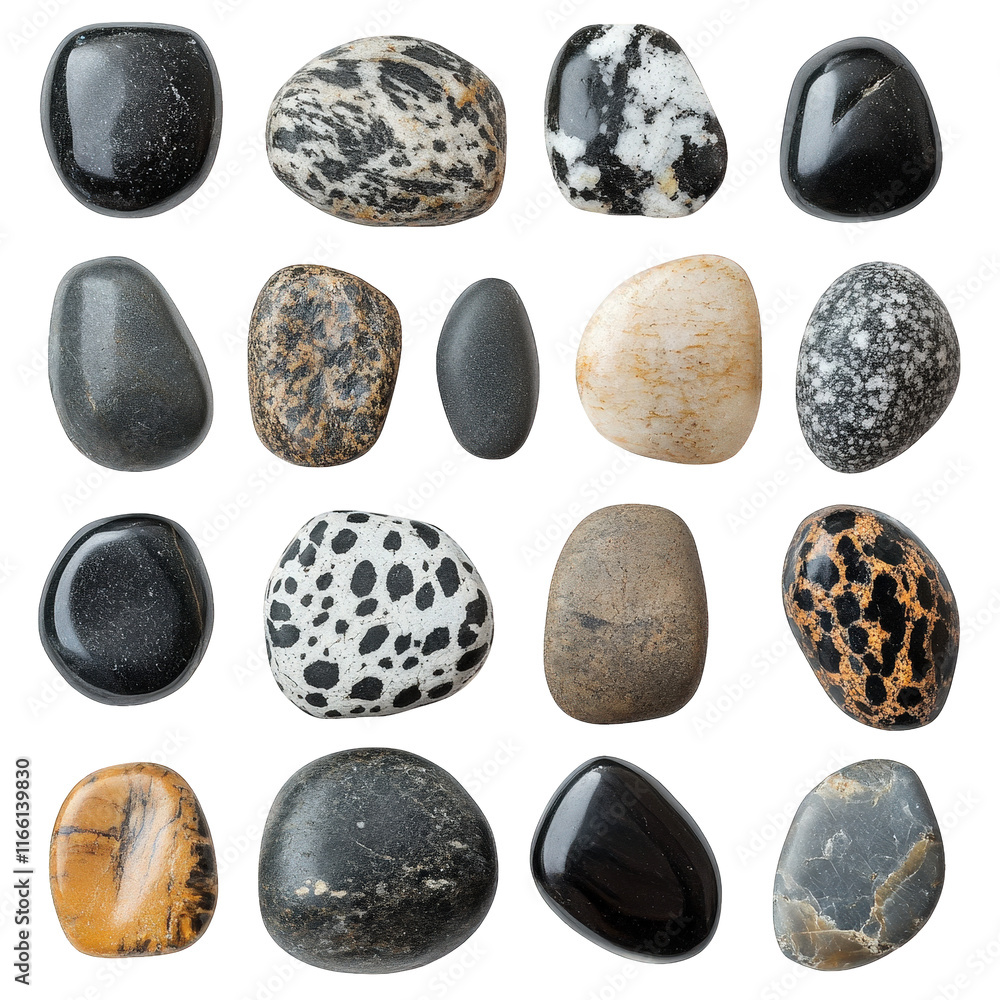 Poster collection of smooth. polished stones arranged in a grid pattern. showcasing various colors and text