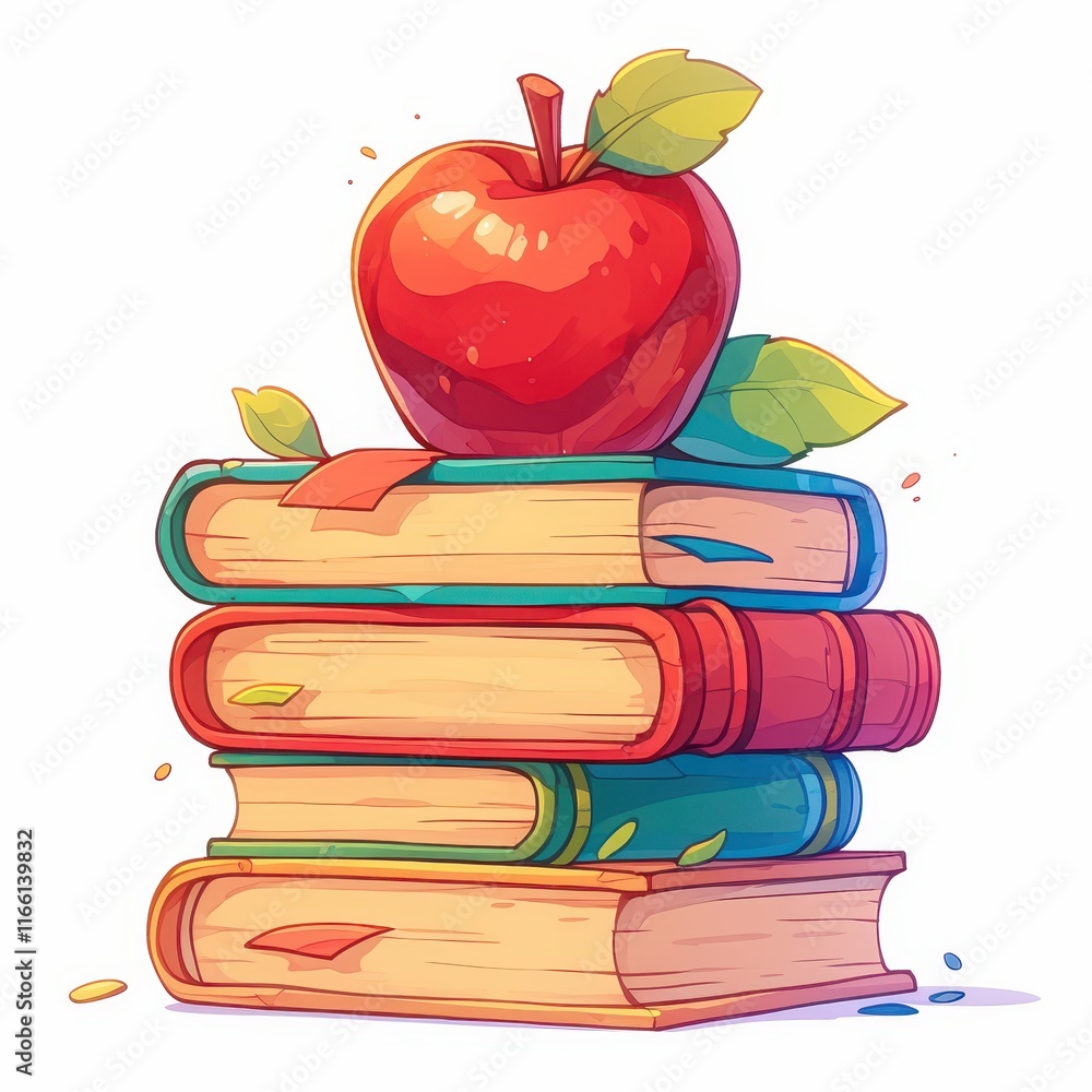 Poster a stack of colorful books topped with a red apple.
