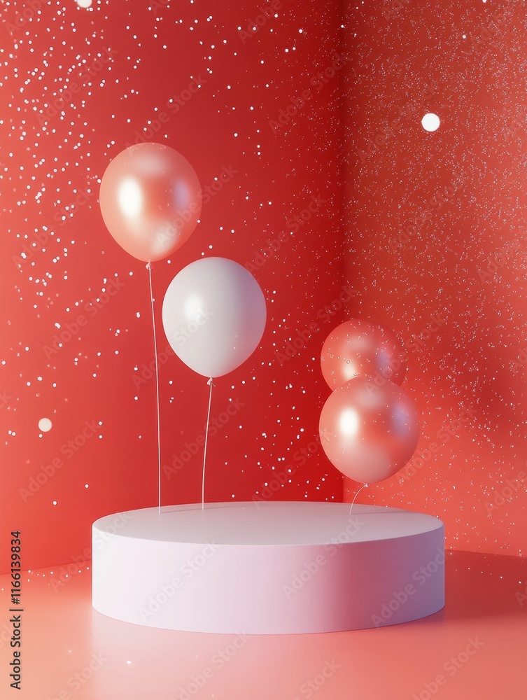 Poster bright balloons display on a circular platform surrounded by sparkling confetti, creating a festive 