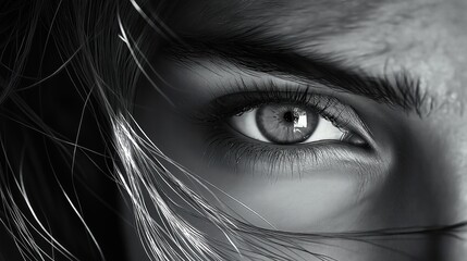 Close-up black, white portrait of womans eye. Woman appears thoughtful, elegant with soft feminine gaze. Dramatic light, shadow create depth. Intense emotion, mystery conveyed through artistic style.