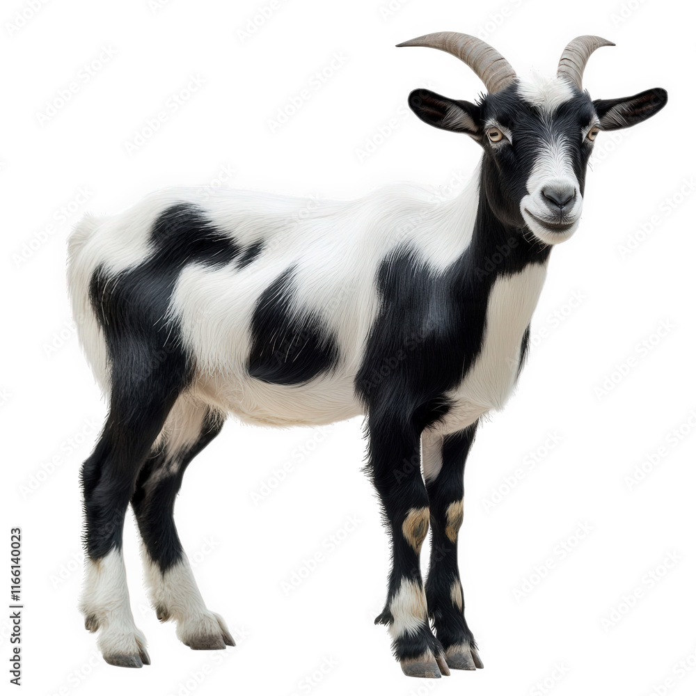 Poster black and white goat with distinct markings. standing upright against a plain background the goat ap