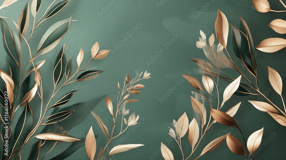Poster elegant botanical design featuring gold and green elements creating a calming atmosphere for decor o