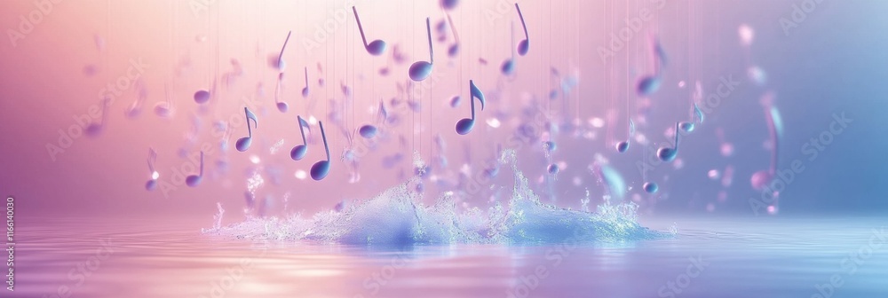 Fototapete 3D music notes splashing into a tranquil water surface creating vibrant reflections and visual harmony. Generative AI