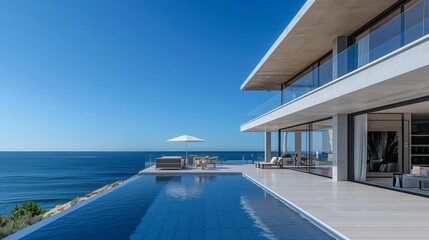 A luxurious seaside residence with a sleek modern design, a grand terrace facing a pristine pool and uninterrupted ocean views, under a clear blue sky.