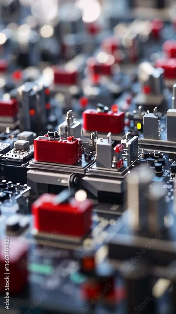 Poster intricate details of a circuit board showcasing red and silver components in a complex arrangement