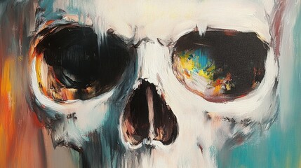 A vibrant and expressive oil painting of a skull, featuring a striking contrast of dark and light colors, and a unique textural quality.