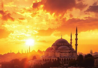 Naklejka premium Breathtaking Sunset Over Historic Mosque Silhouette Against a Vibrant Sky with Warm Hues of Orange and Yellow, Symbolizing Serenity and Cultural Heritage
