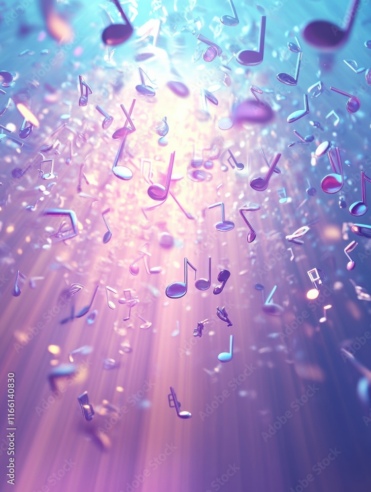Aufkleber Colorful 3D music notes floating amidst vibrant light rays creating a dynamic audio visual experience. Generative AI