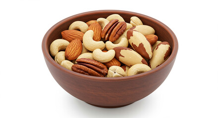 Fototapeta premium Delicious Mixed Nuts in Wooden Bowl Almonds Cashews Pecans Brazil Nuts