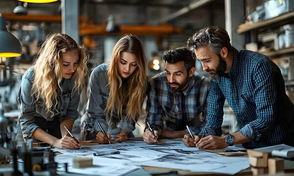 Group of professionals collaborating on design plans in a workshop setting.