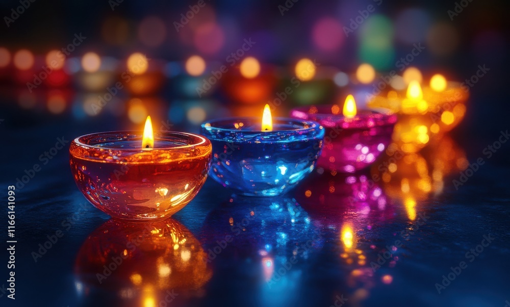 Poster brightly colored floating candles on water surface creating a serene and tranquil atmosphere for rel