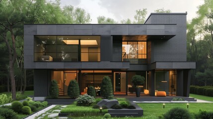 A modern country house with sleek gray brick walls, large floor-to-ceiling windows, and minimalist...