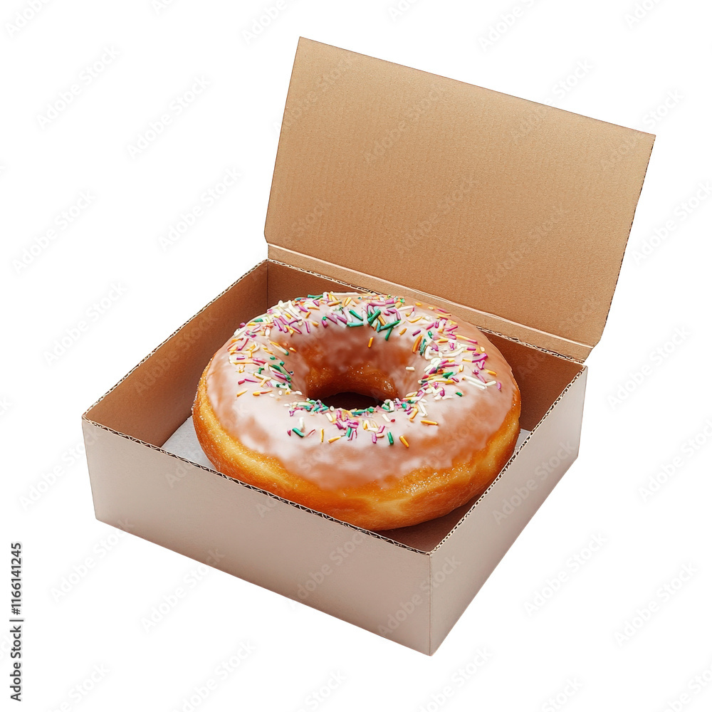 Poster single. large donut with pink icing and colorful sprinkles. placed inside a light brown cardboard bo