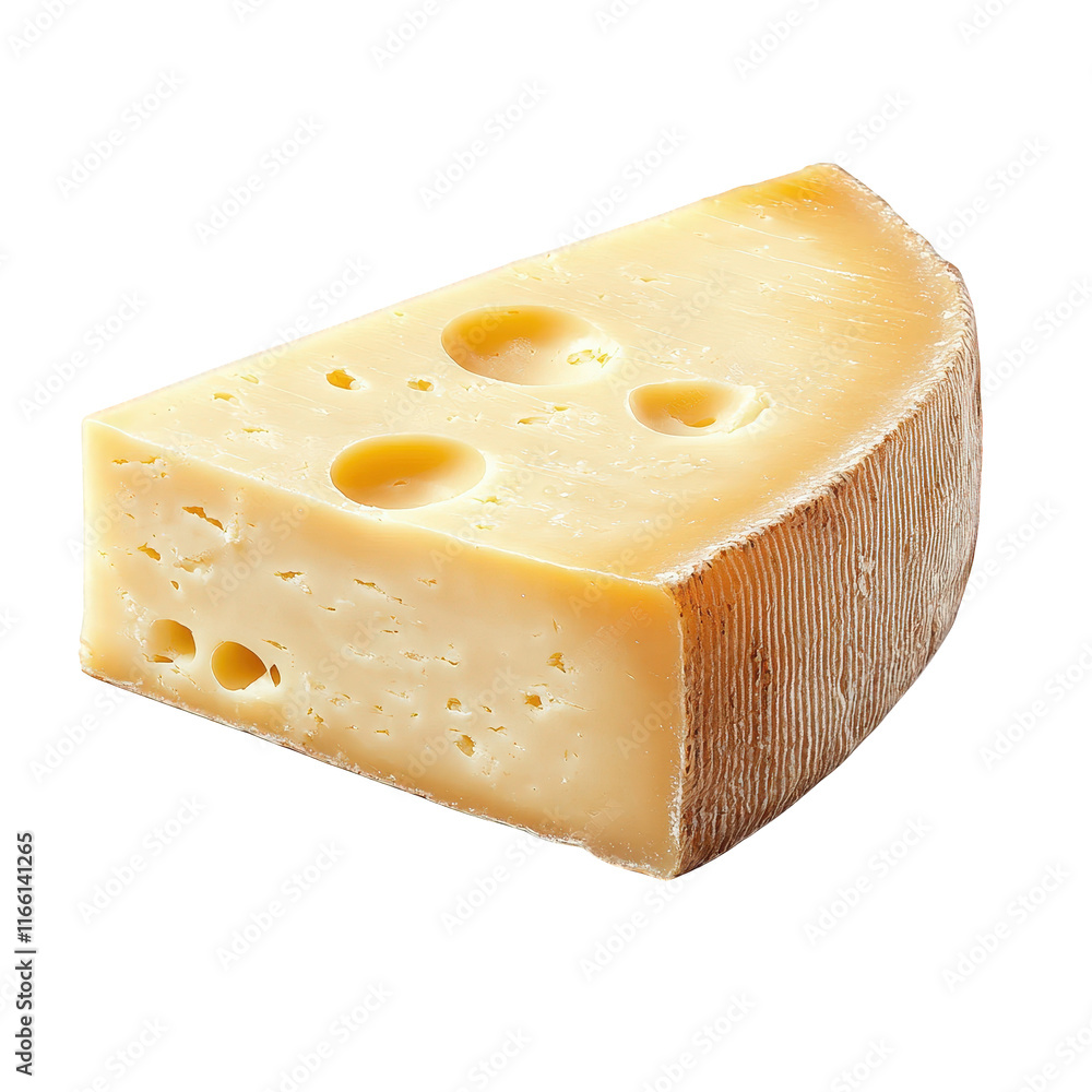 Poster wedge of cheese with a smooth texture and characteristic holes. showcasing its creamy color and natu
