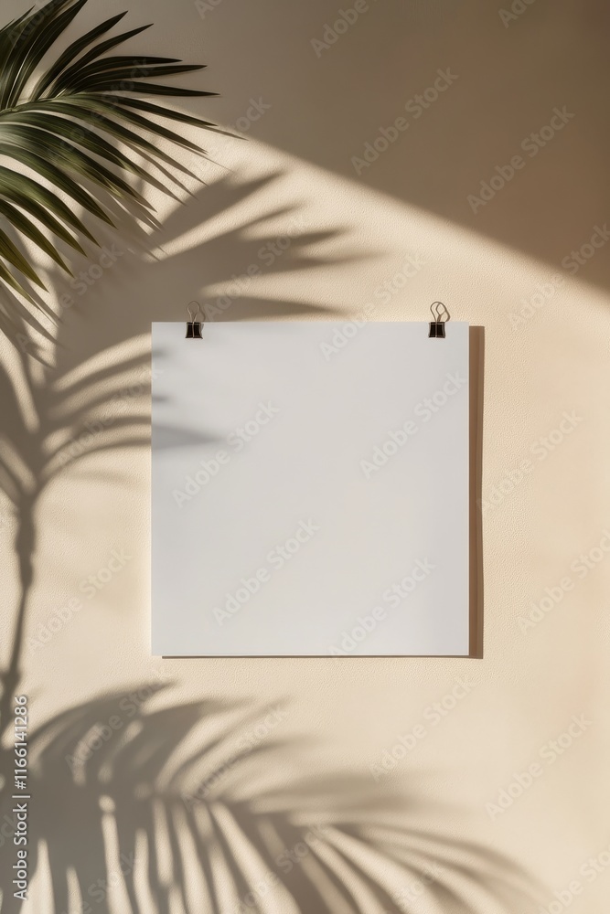 Poster blank canvas hanging against a beige wall with palm leaf shadows casting intricate patterns during a