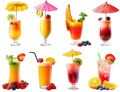 collection of vibrant cocktails and mocktails. each adorned with decorative umbrellas and garnishes like fruits and mint the drinks are displayed in various glassware. showcasing a colorful assortment