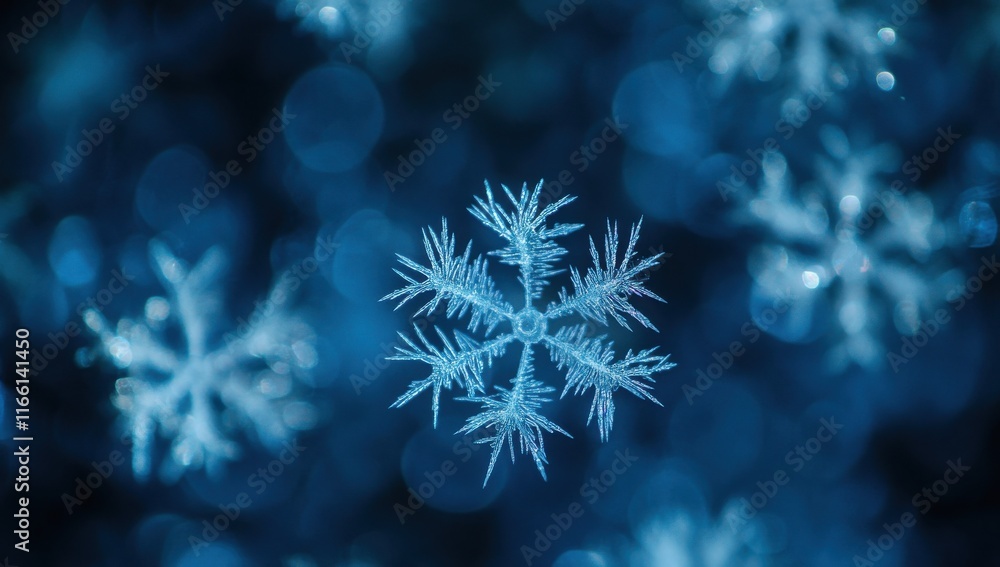 Poster captivating close-up of delicate snowflakes with intricate patterns against a soft blue background, 
