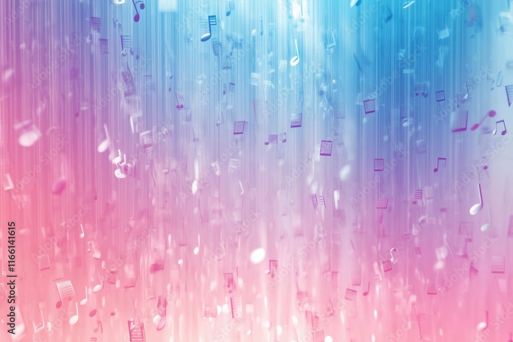 Poster captivating 3d music notes cascading through a vibrant blue and pink background in an artistic displ