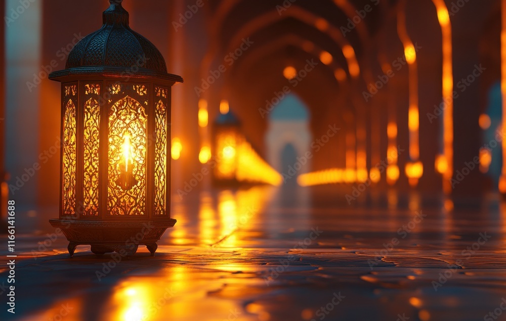 Poster captivating lantern illuminating serene pathway in a magnificent arched hallway with soft warm glow 