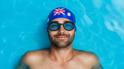 Swimmer enjoys a moment of relaxation in a tranquil pool with a vibrant blue backdrop