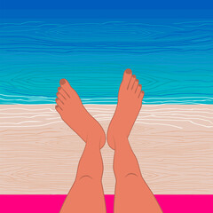 Woman lie on the beach by the sea and sunbathe on a sunny day, seascape. The concept of vacation and travel to the sea, summer vacation. Banner design with copy space raster
