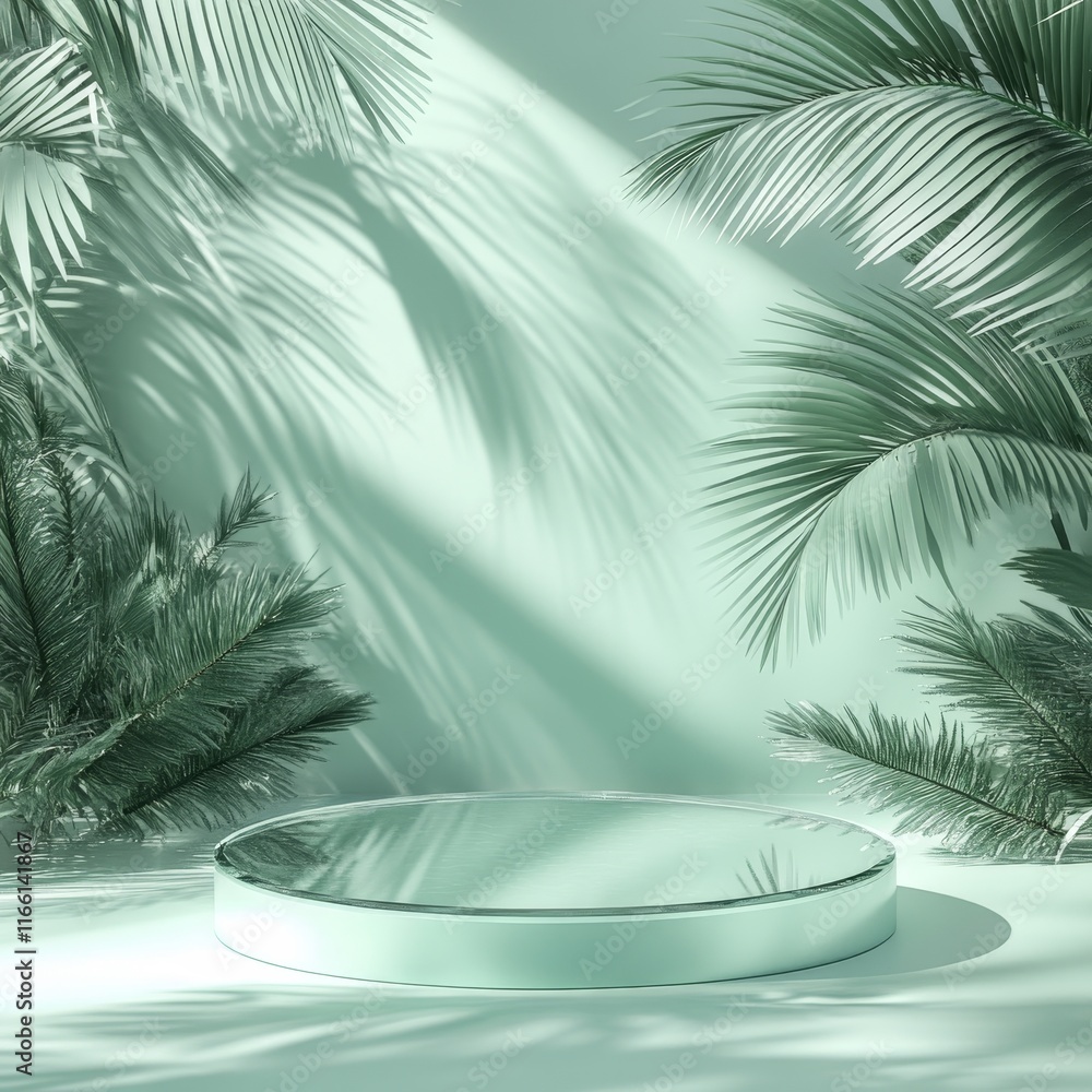 Poster modern circular display platform surrounded by palm leaves creates an elegant atmosphere in a bright