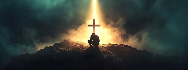 A man kneeling in front of a cross on top of a hill, with a bright light shining from behind him