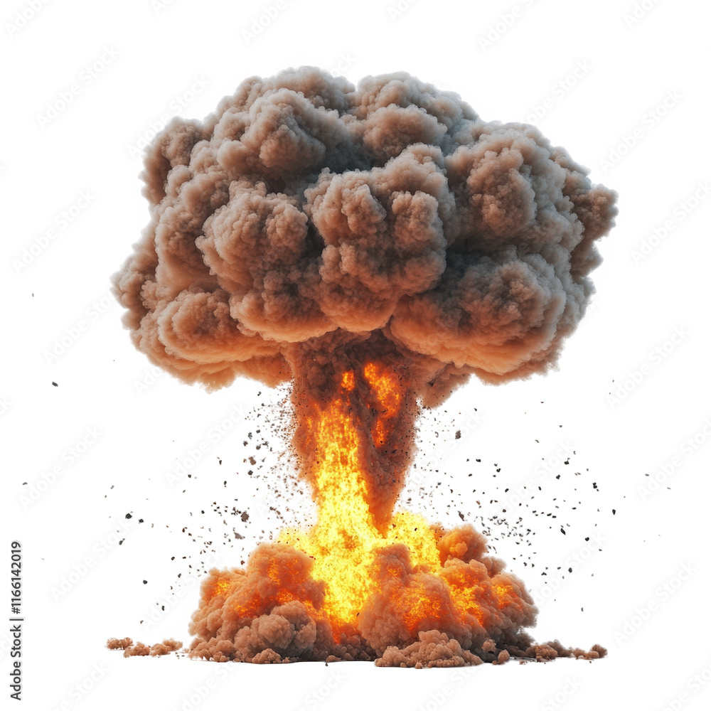 Poster a large explosion with a mushroom cloud. characterized by billowing smoke and flames at the base thi